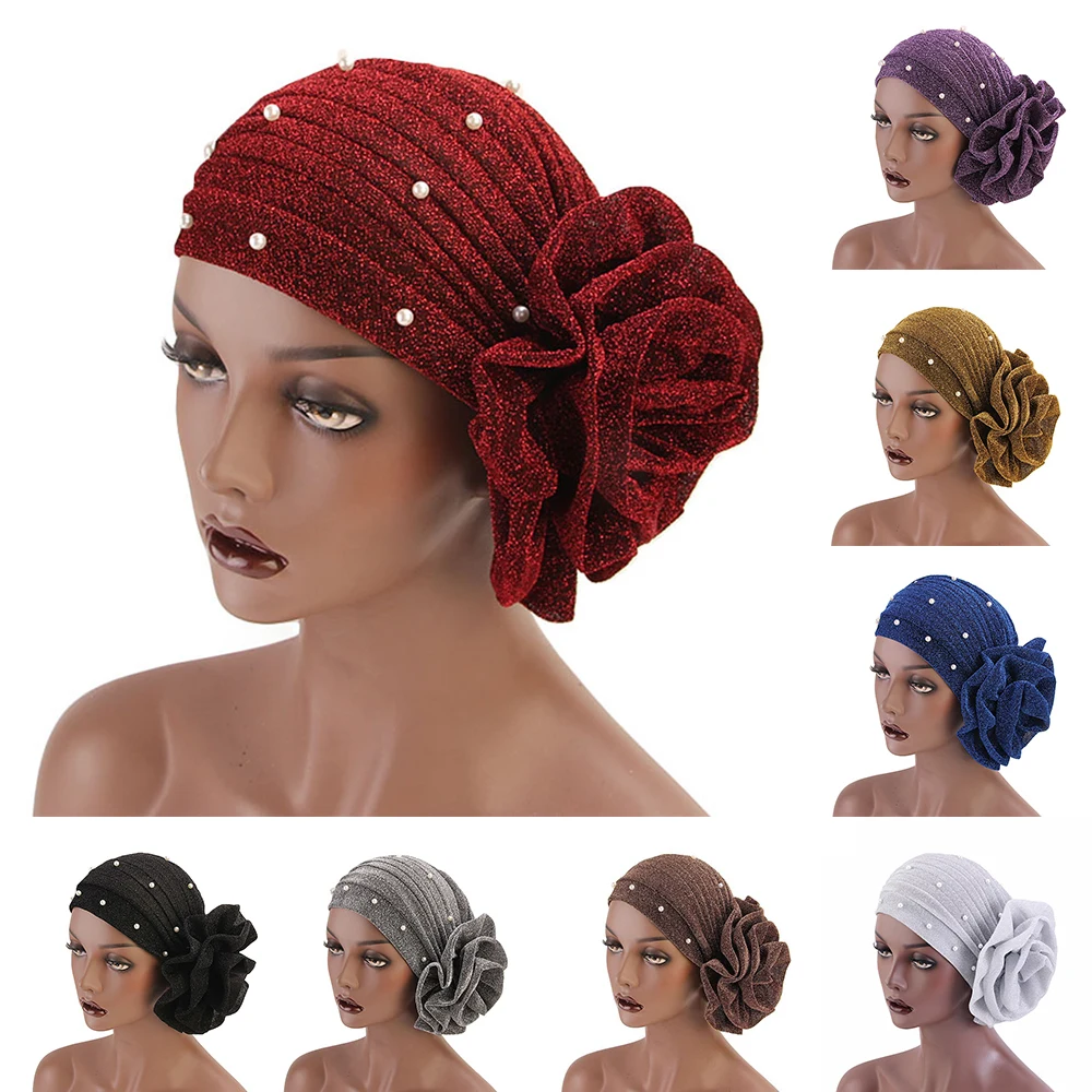 

Fashion Pearl Big Flower Turban Hat Women Bright Muslim Headwear Hijabs Cap Elastic Head Wrap Lady Wedding Party Hair Accessorie