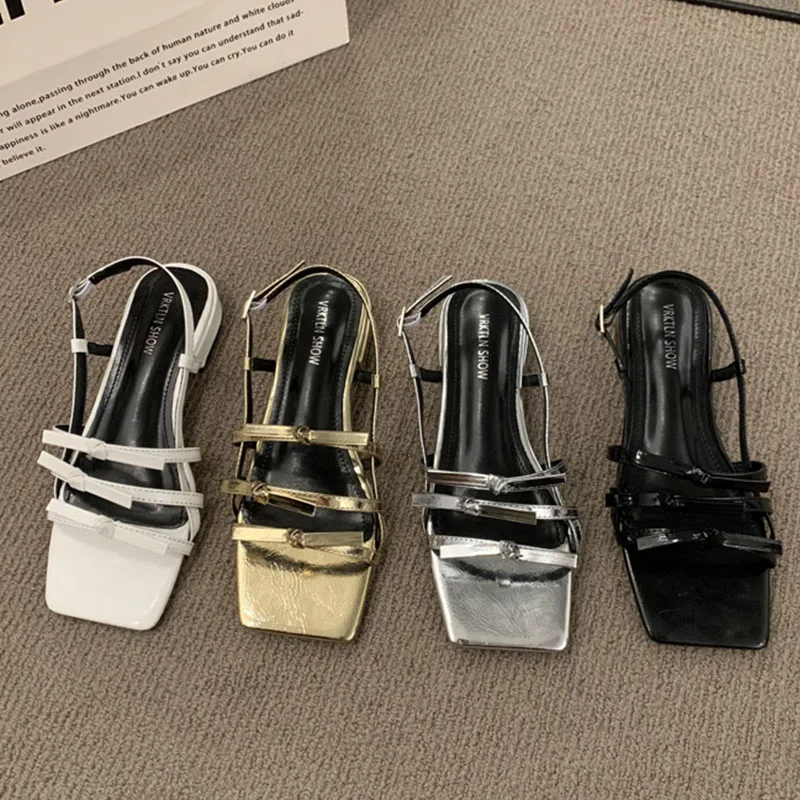 

2023 Summer New Women Sliver Gold Sandal Fashion Narrow Band Ladies Dress Sandal Shoes Square Low Heel Outdoor Vaction Slides