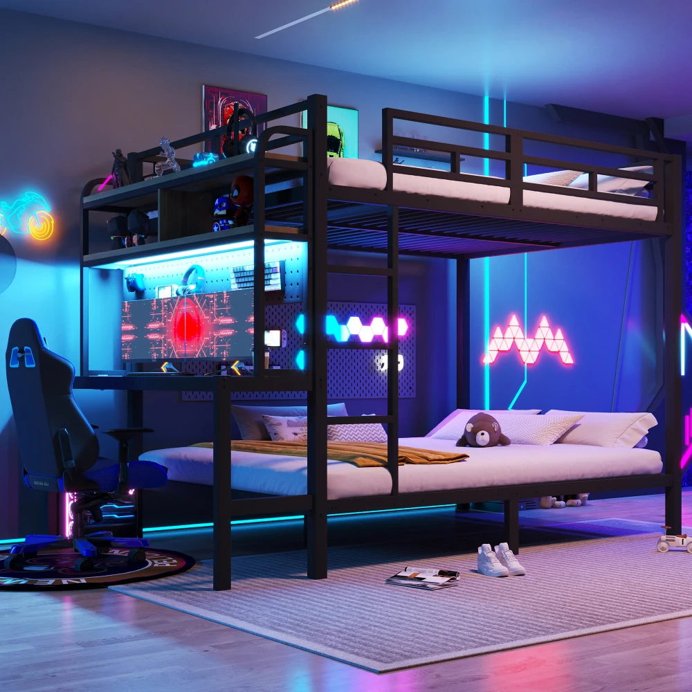 Etagenbett 140x200cm, Eisenrahmen, Stauraum, Schreibtisch mit LED-Lichtleiste, USB-Anschluss, Sicherheitsgeländer, Leiter, ohne Matratze – Detail 18
