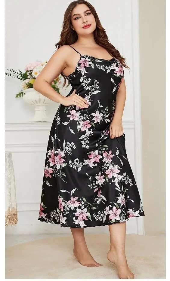 XL-5XL Big Size Sexy Suspender Nightdress Sleepwear Lingerie Summer Women Nightgown Loose Silky Satin Dressing Gown Loungewear - Image 2