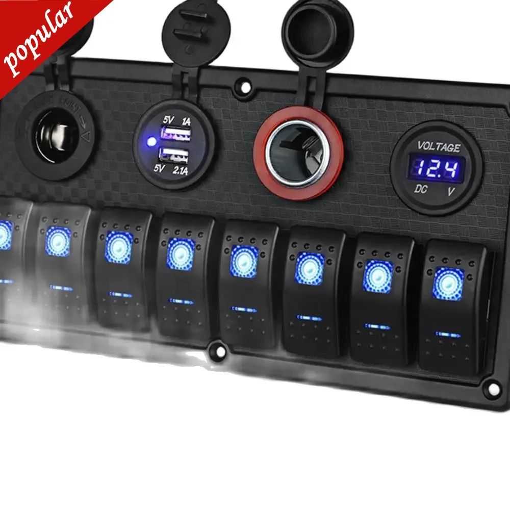 

Waterproof Boat Marine Switch Panel + USB Power Socket + Dual Cigarette Lighter + Led Voltmeter 8 Gang Car Rocker Switch Panel