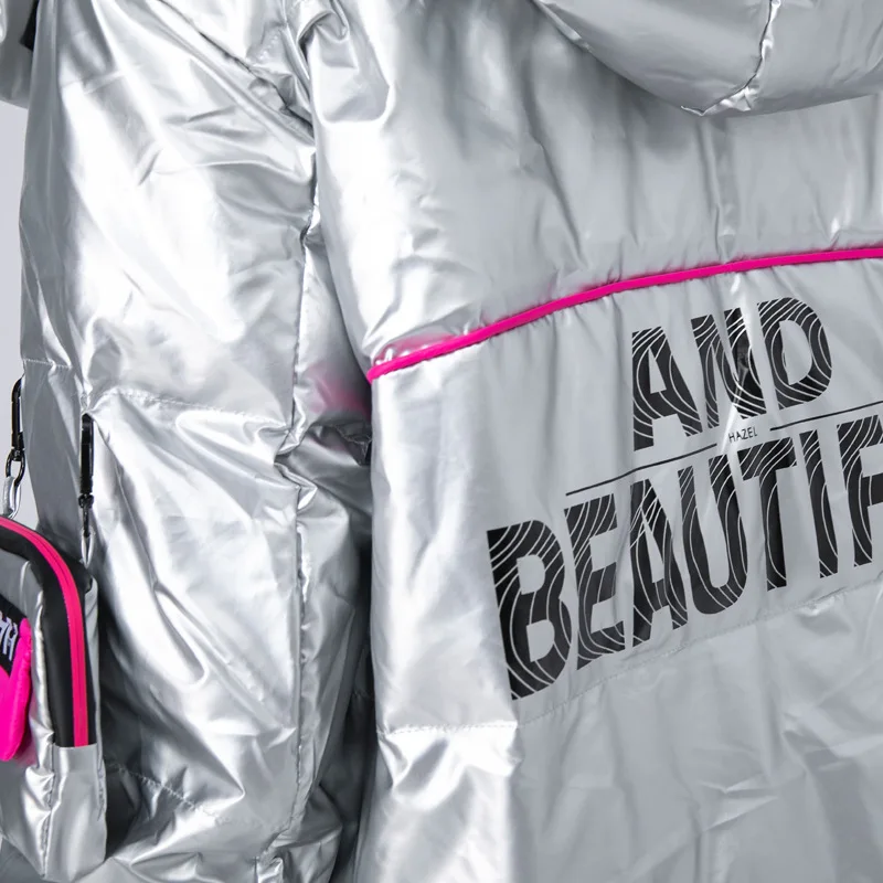 Outerwear Winter Warm Thicken Down Jackets Women Casual Shiny Letter Print Coats Clothing Loose Hooded Padded Jacket Coat Women