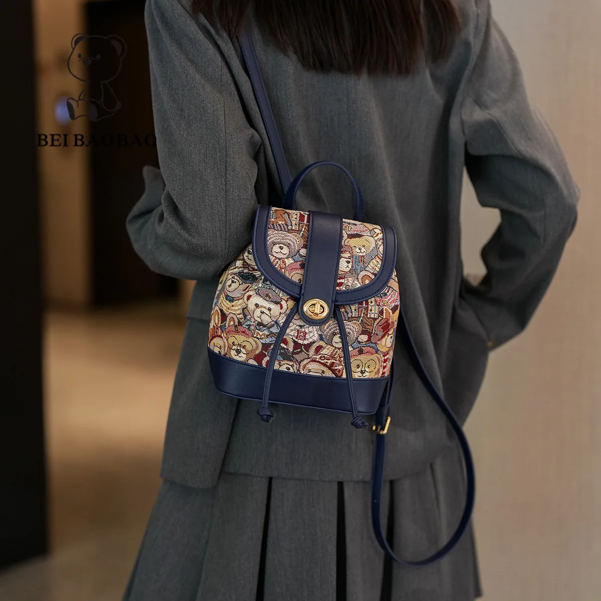 Beibaobao 2024 New Backpack Women's Cartoon Printed Student Backpack Large Capacity Contrast Canvas Travel Bag Handbag 3