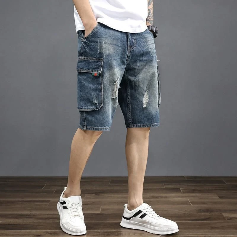 thumbnail image 1 of Pantalones cortos de mezclilla para hombre, largos, hasta la rodilla, con bolsillos, pantalones vaqueros medio cortos para hombre, bermudas desgastadas, botones retro XL, corte fino, 1 of 4