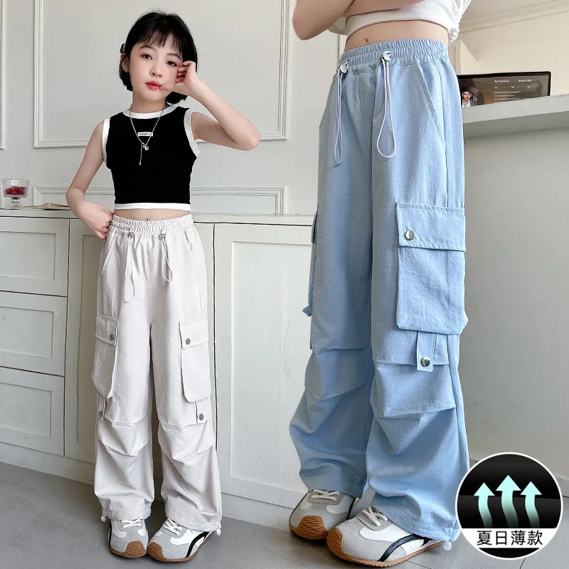Girls Workwear Pants Summer Big Children Fashion 3 Colors Ice Silk Loose Straight Leg Trousers For 5-14Years Kids