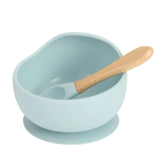 New Colors Feeding Set Food Grade Silicone Bibs Baby Plate Non-silp Suction Bowl Kids Tableware Waterproof Bib BPA Free Spoon Pastel blue