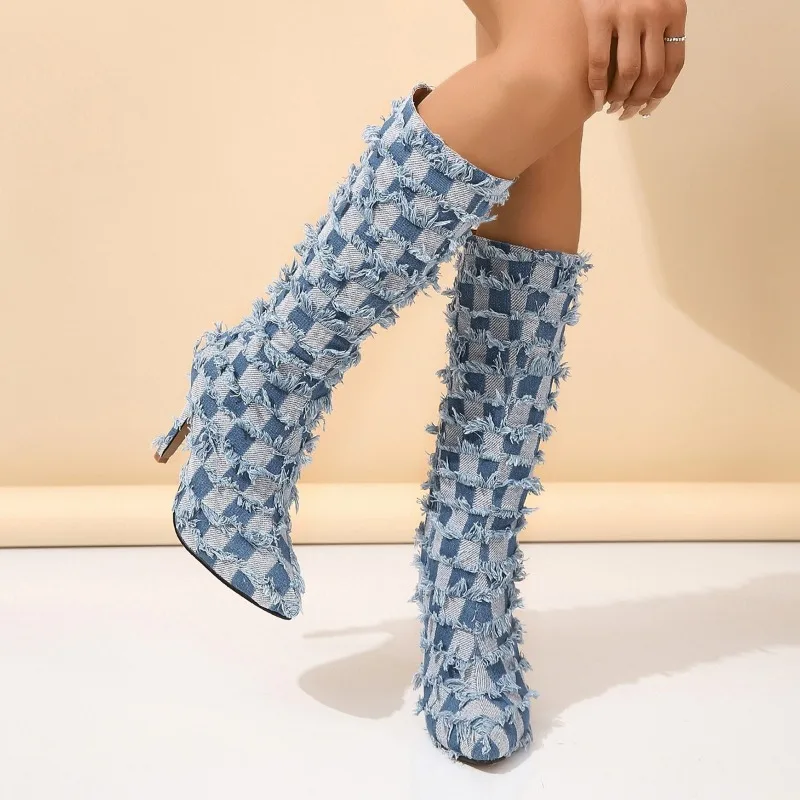 2023 Women's Shoes Knee-High Women's Boots Sexy Modern Boots Women Patchwork Raw Edge Zip Pointed Toe Thin High Heel Shoes Women