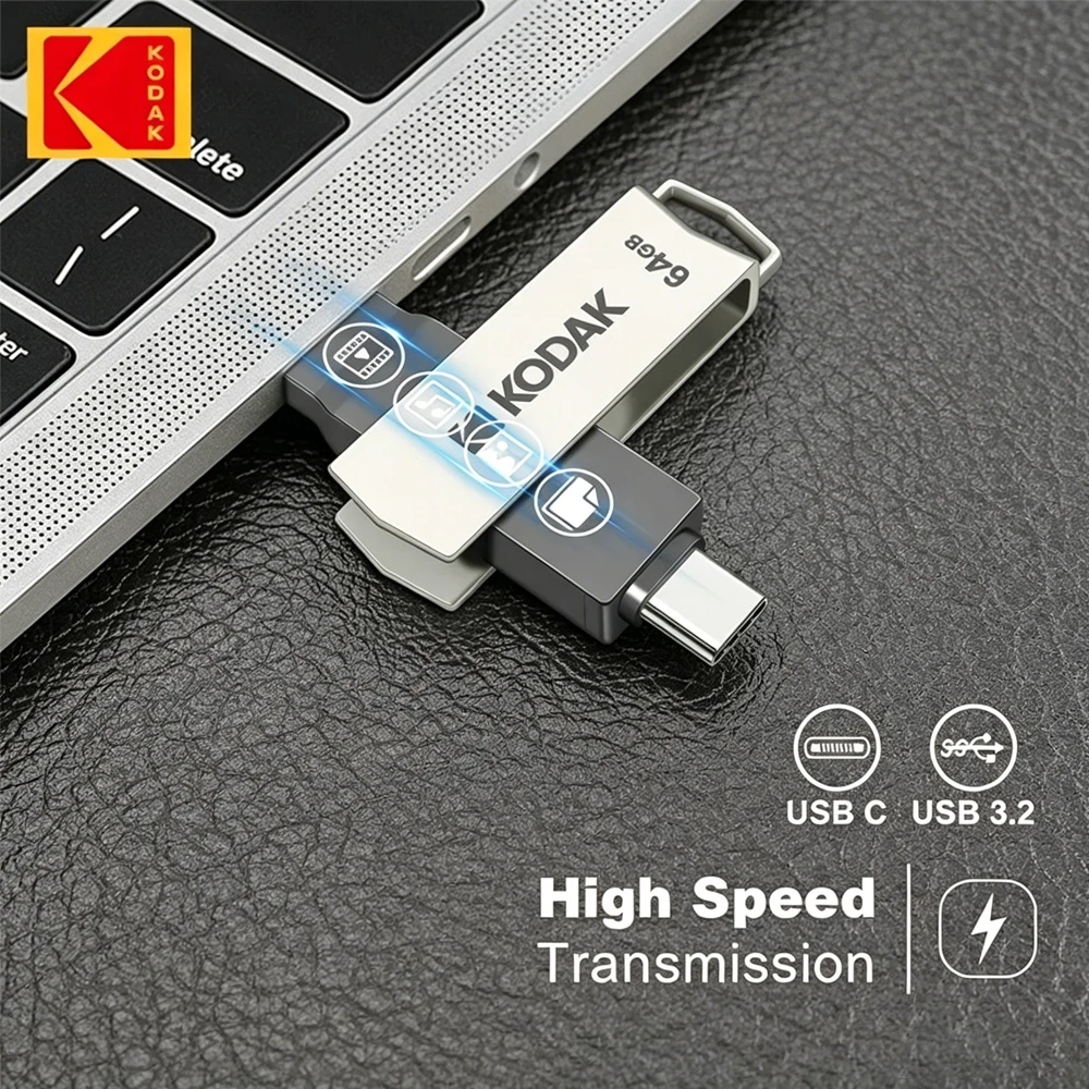 KODAK USB3.2 Type C 플래시 드라이브 256GB 128GB 32GB 펜드라이브 스마트폰 노트북용 고속 듀얼 메모리 스틱