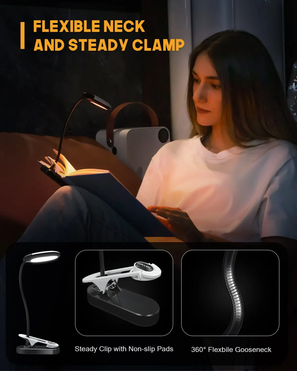 3 Colors 5 Brightness Displays Battery Power Rechargeable Mini LED Reading Light Flexible Easy Clip Night Reading Lamp in Bed