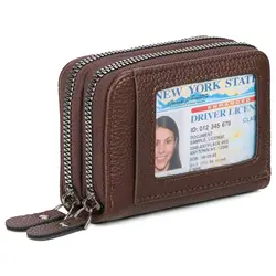 Elegant RFID Blocking Leather Wallet with Double Zipper and ID Window (A - Coffee)