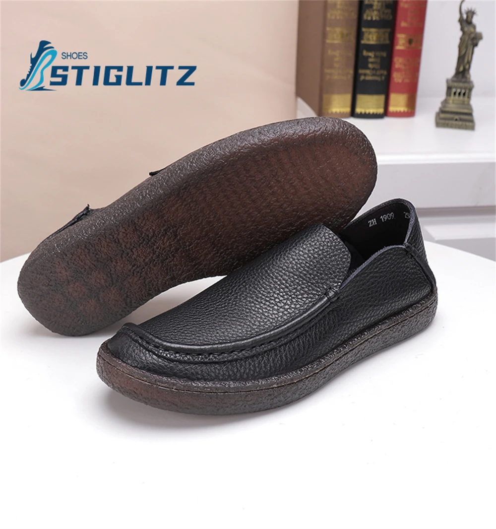 Embossed Stitching Cowhide Loafers Round Toe Shallow Slip On Flat Casual Shoes for Men Oxford Soft Sole Men's Leather Shoes New