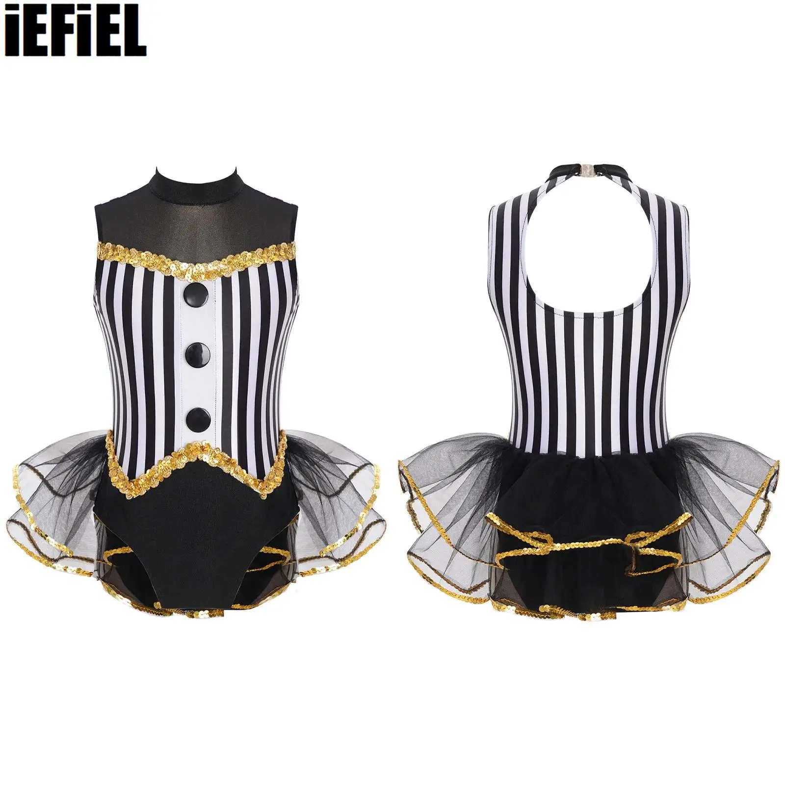 Kids Clothes Children Dance Suit Kids Girls Trim Mock Neck Latin Dance Leotard Sequins Jazz Performance Open Back Striped Tulle Skirted Bodysuit