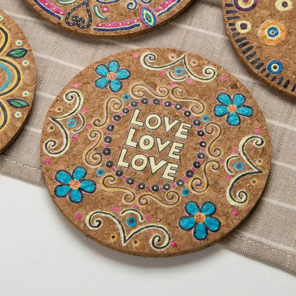 4pcs Natural Cork Round Cup Mat Drink Coasters Heat Insulation Patterned Pot Holder Mats For Coffee Table Tabletop Kitchen tools