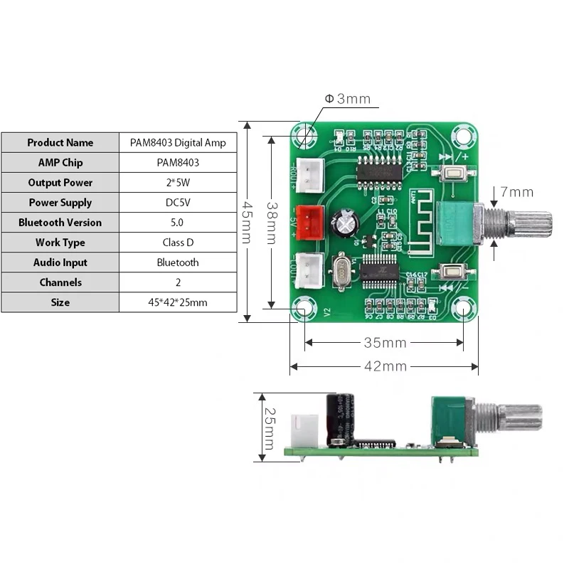 PAM8403 블루투스 5.0 스테레오 미니 디지털 앰프 보드, 듀얼 채널 클래스 D DC5V AMP, 2x5W
