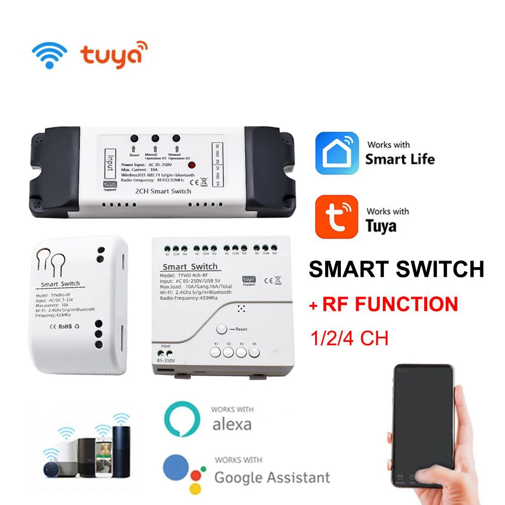 Tuya Smart Remote Control Wireless Wifi Switch Module 1/2/4CH DC 7-32V 5V 12V 24V 220V RF Receiver 10A wifi Relay For Alexa DIY smart switch smart switch module