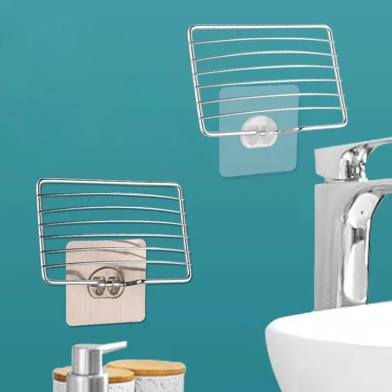

Wall-mounted Stainless Steel Soap Holder No Drilling Self-adhesive Soap Holder Kitchen Sponge Storage Rack Bathroom