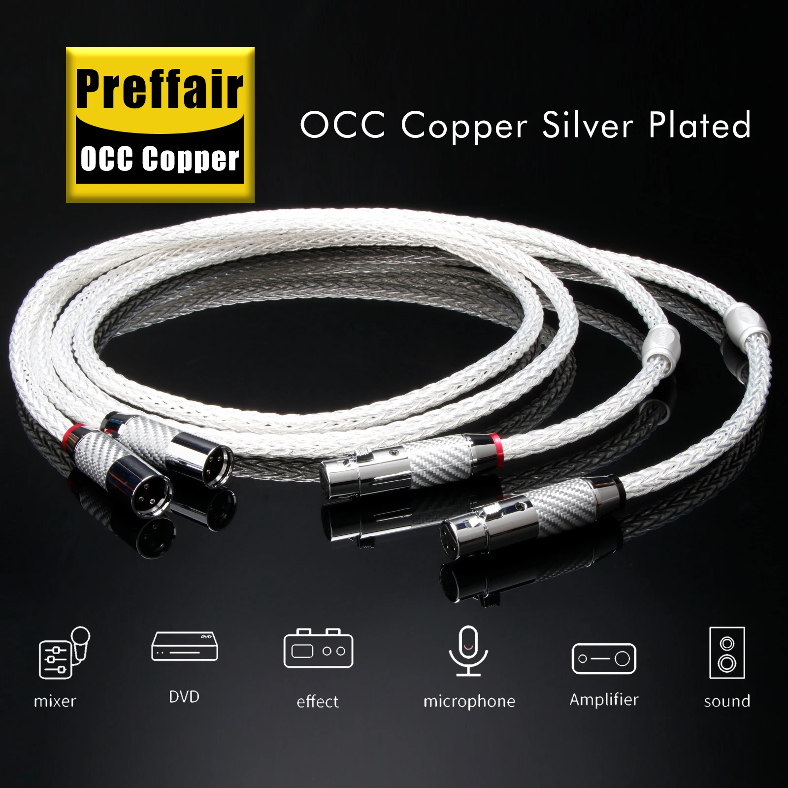 Preffair Hi-End 6AG XLR-Kabel, versilbert, OCC, 12 Stränge, symmetrisches Kabel mit 3 Pins, symmetrischen XLR-Anschlüssen aus Kohlefaser