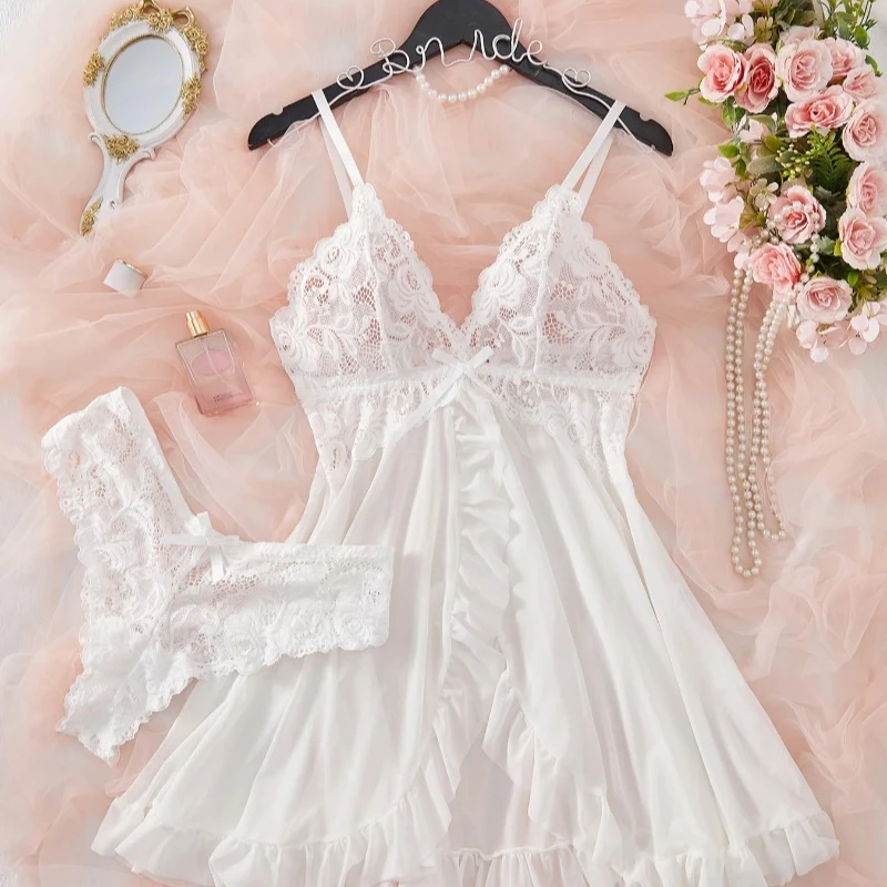 Ensemble de Lingerie Sexy pour femmes, soutien-gorge érotique, chemise de nuit, vêtements de nuit en dentelle, couleur unie, Slim, robes douces, col en V, Slip complet, vêtements de nuit et robes