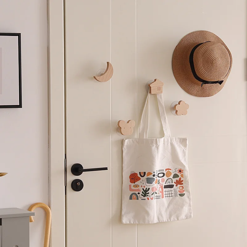 Star Moon wooden decoration Hooks Cute Cartoon animal adhesive wall omnipotent Hooks key holder for the wall home and decoration 3