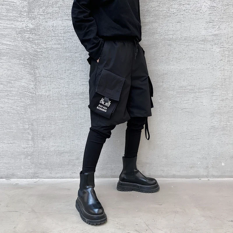 

Fake Two Piece Hip Hop Cargo Pants Men‘s Embroidery Drawstring Joggers Ribbon Multi Pockets Techwear Harem Pants