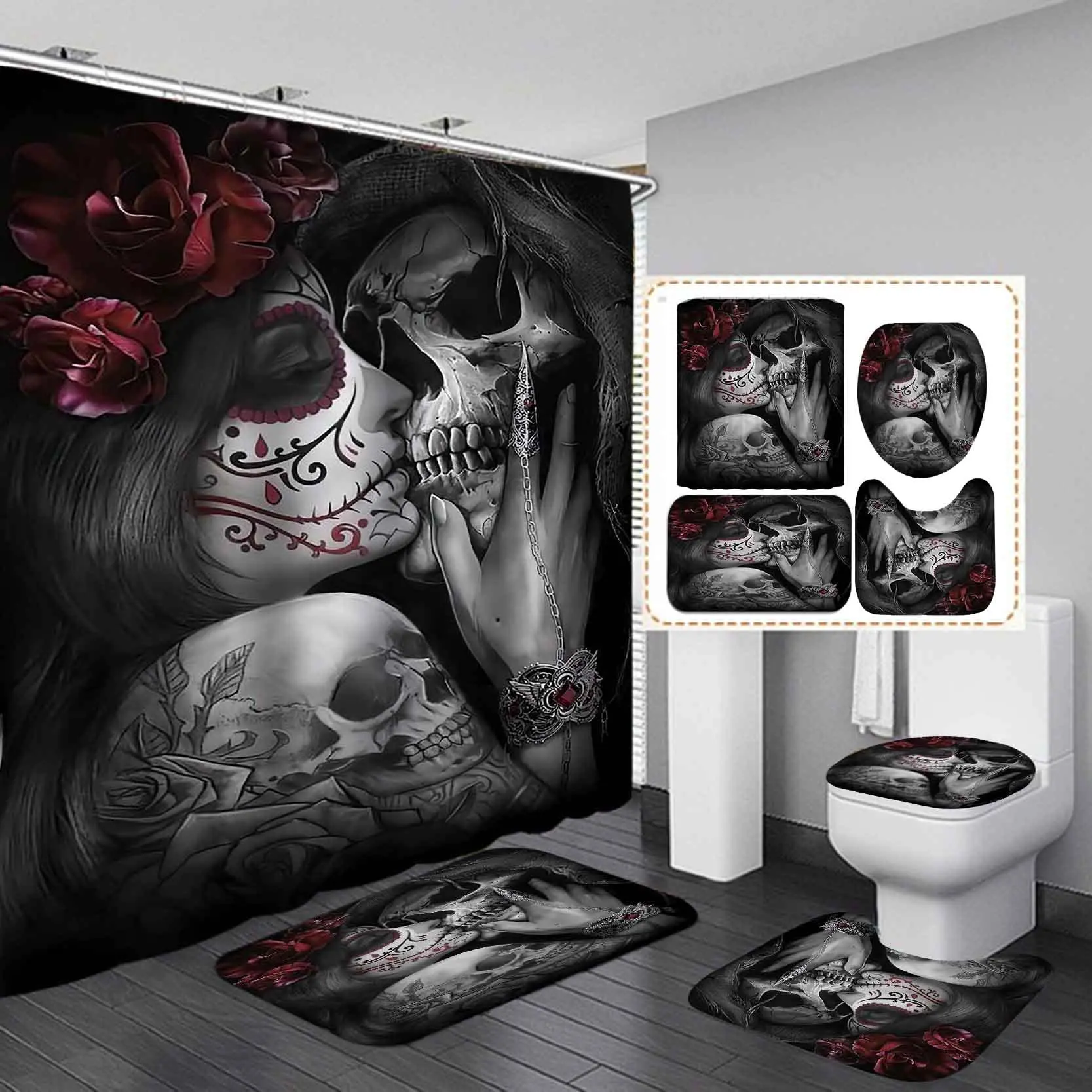 https://ae01.alicdn.com/kf/Sd10e8c6673794e2da243fd1d9b111f91o/Sugar-Skull-Shower-Curtain-Set-Day-of-The-Dead-Romantic-Skeleton-Couple-Motorcycle-Goth-Red-Rose.jpg