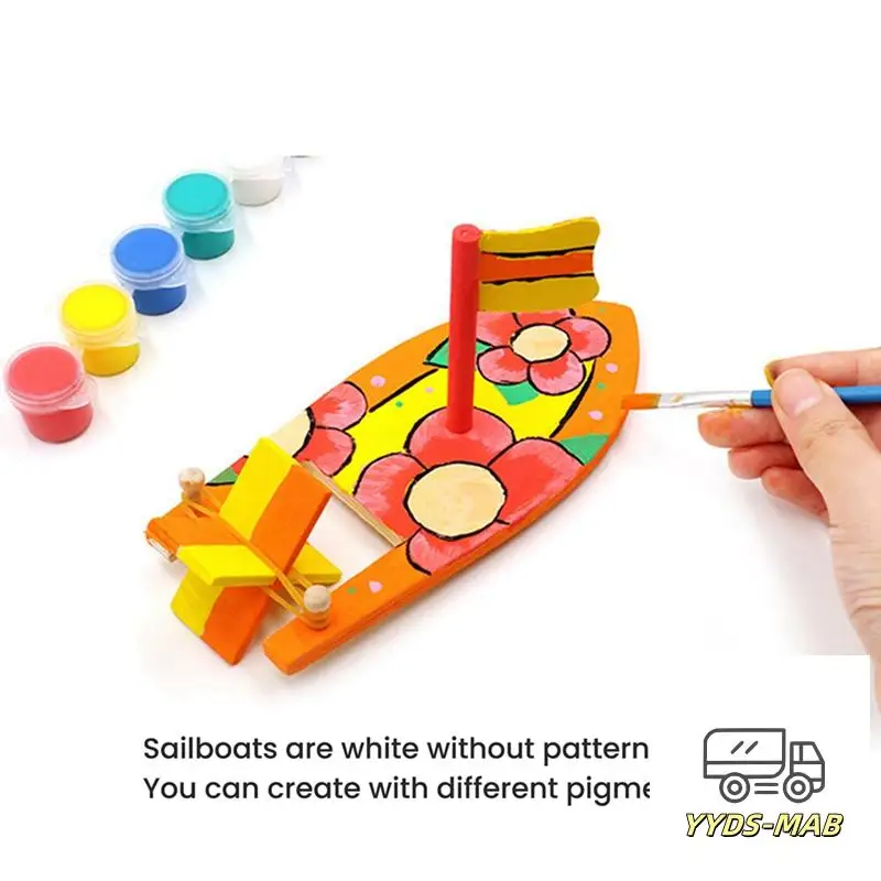 48X DIY Wooden Sailboat Rubber Band Paddle Boat Paint And Decorate Wooden Sailboat Embryo Model Handmade Materials Craft