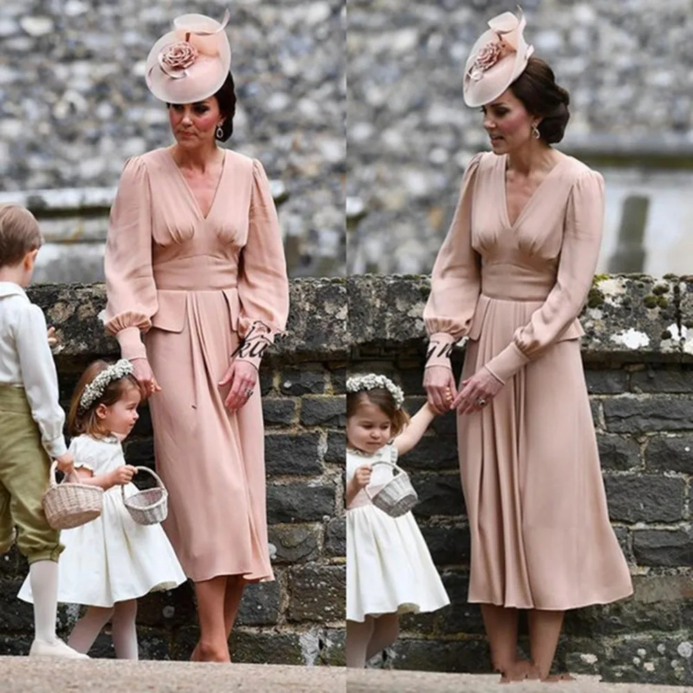 

Kate Middleton Simple Chiffon Mother Of The Bride Dresses Long Sleeves Tea Length Vintage Wedding Guest Dress V Neck Dusty Pink