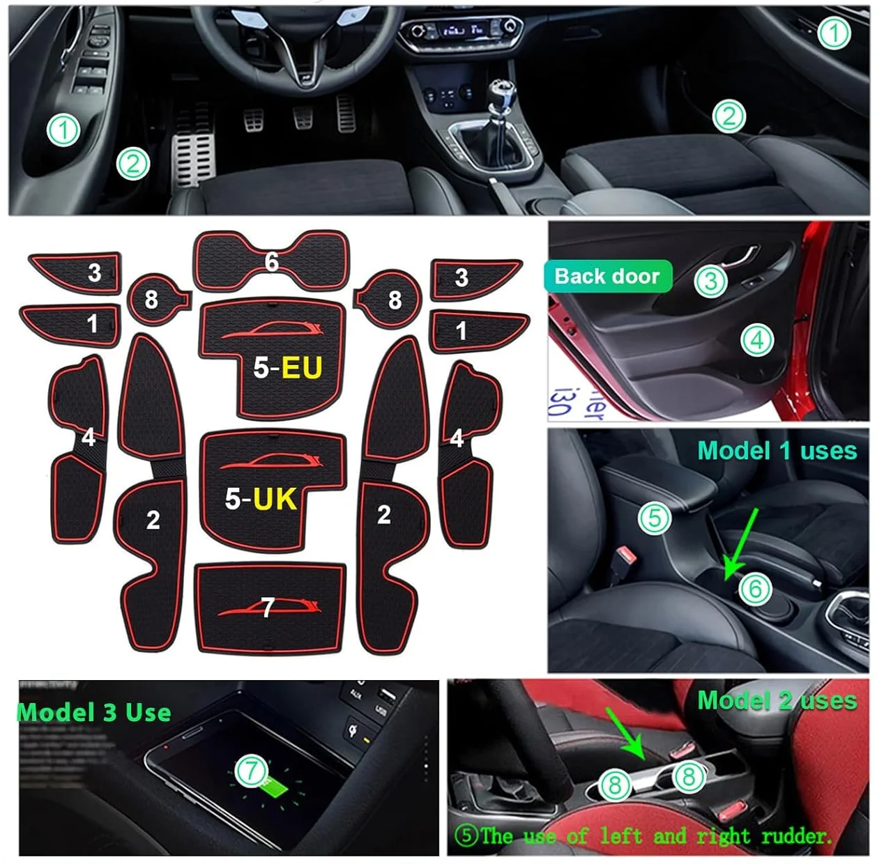 Tappetini Antiscivolo In Gomma Per Hyundai I30 / I30 N / I30 N Line 2017-2024 – Set Interno, Protezione Bracciolo E Vani