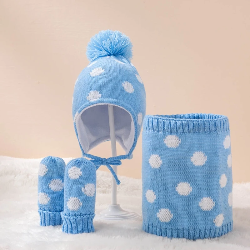 

127D 1 Set Baby Warm Winter Hat Scarf Gloves Set Knitted Beanie Mittens Scarves