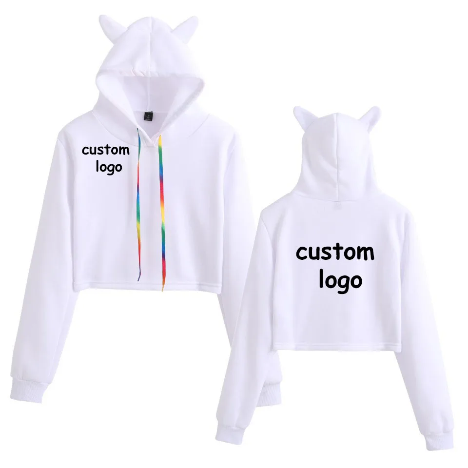 Custom Hoodie with Your Logo Cat Ear Short Hooded Long Sleeved Hoodie Pullover Solid Color Sweater Women Top Short Hoodie