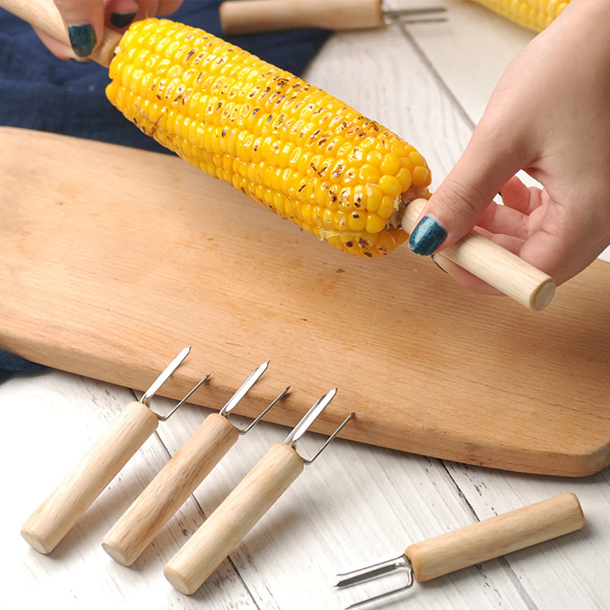 2Pcs Corn Holders Stainless Steel Cob Skewers Fruit Forks Wooden Handle Outdoor BBQ Tools Picnic Cooking Tools