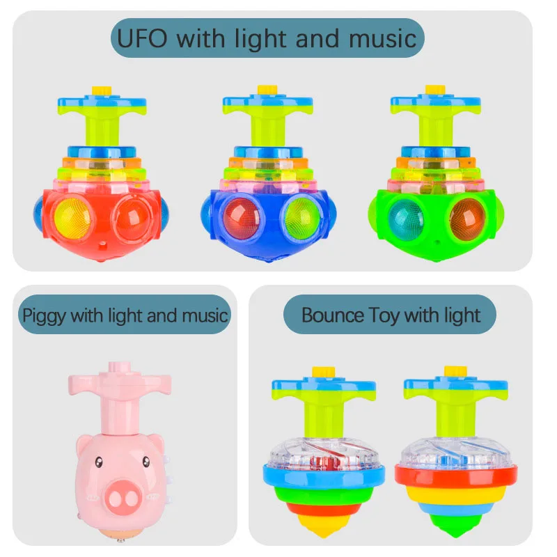 UFO Flashing spinning top toy Kids Gyro Light Up Piggy LED Music Gyroscope Launcher Rotating Toys Fun Birthday Party Favors