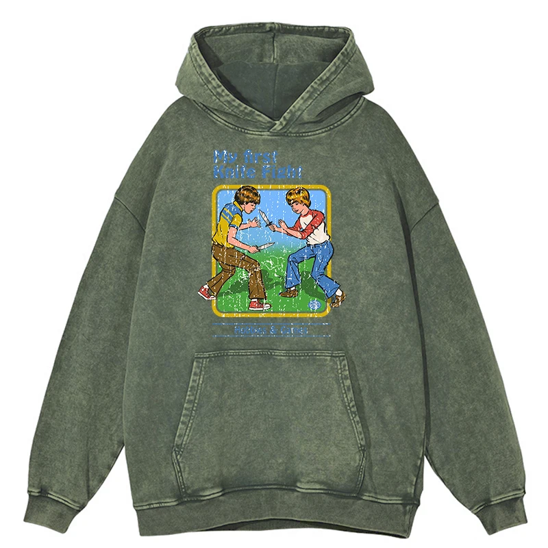 thumbnail image 1 of Sudadera con capucha holgada estilo hip hop para hombre, estilo retro desgastado, lavado con mi primera pelea con cuchillos, cómics divertidos, 100 % algodón, para otoño, 1 of 4