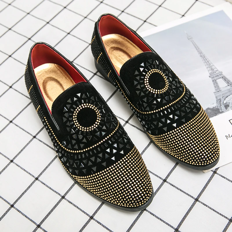 Brand Noble Black Rhinestone Men Dress Shoes Velvet Crystal Luxury Moccasins Mens Loafers Office Business Party Man casual Shoes 5