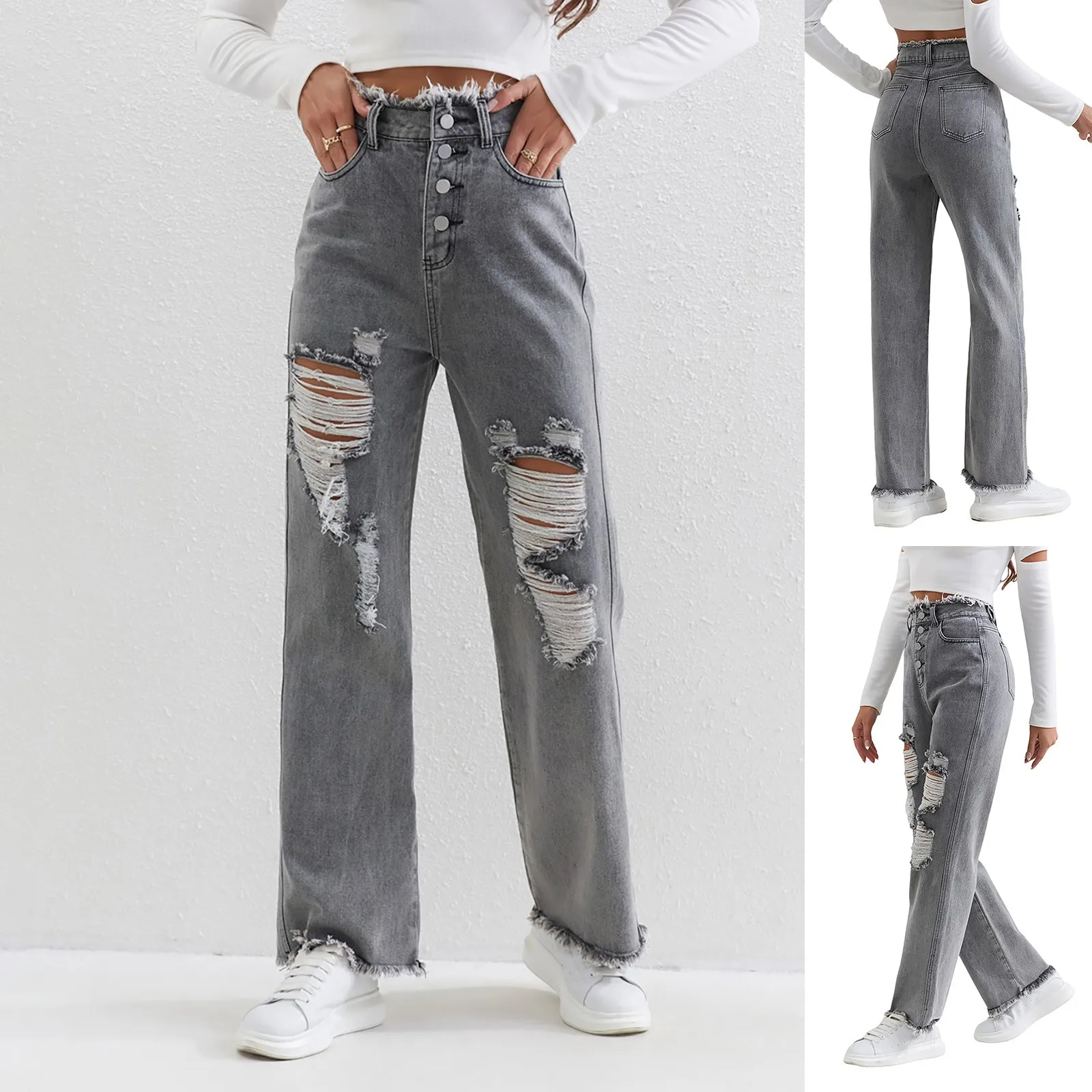 Jeans Da Donna Boyfriend Jeans High Pro Jeans A Gamba Larga Donna Jeans Blu Taglia Xs Solid Casual Baggy Streetwear Pocket Pants