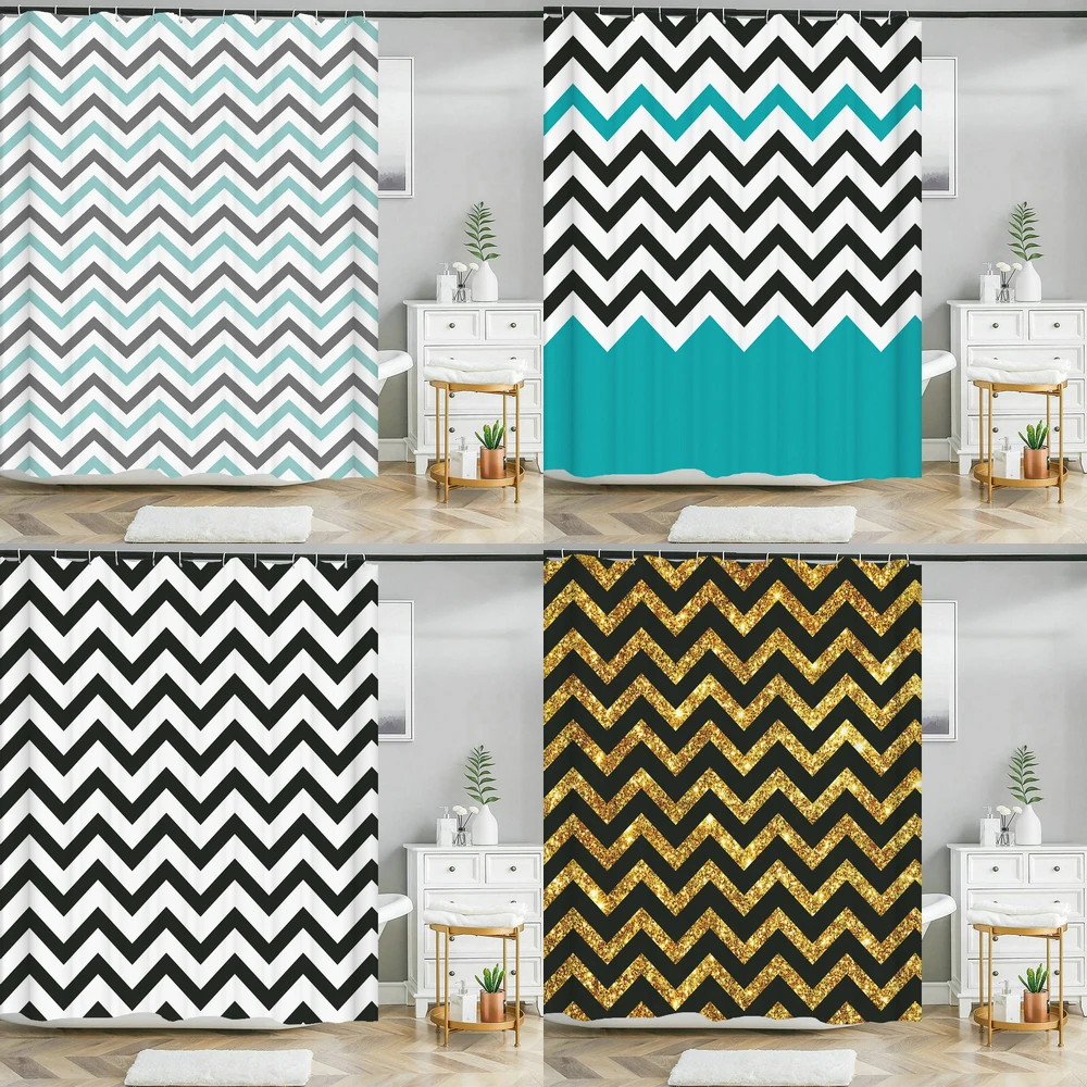 

Black White Wave Stripe Geometric Printing Bathroom Shower Curtains Frabic Waterproof Polyester Bath Bathroom Curtain with Hooks