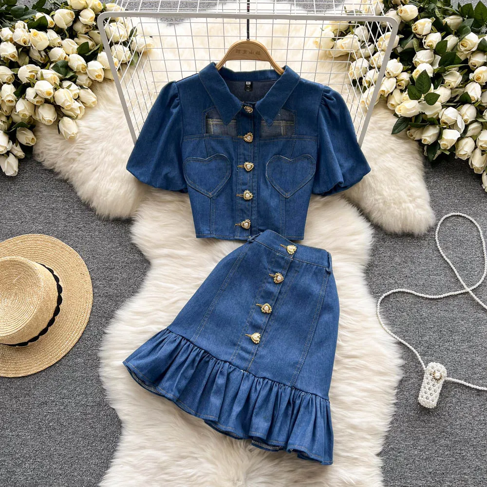 

Women Denim Skirt Sets Solid Lapel Hollow Out Short One Breasted Tops+Slim Waist A-Line Pleated Jean Skirt 2Pcs Female Outfit