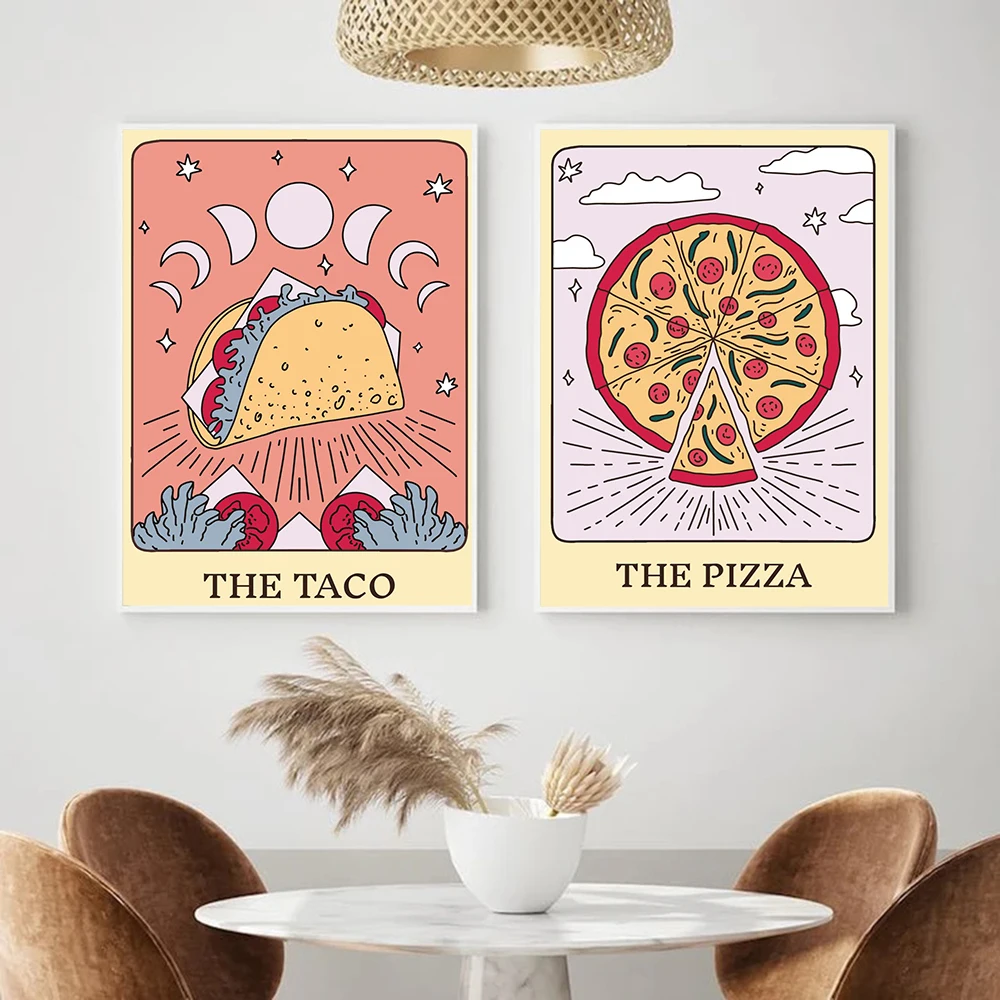 

Pizza Taco Tarot Card Kitchen Canvas Painitng Wall Art Prints Cartoon Color Food Poster Restaurant Wall Pictures Decor