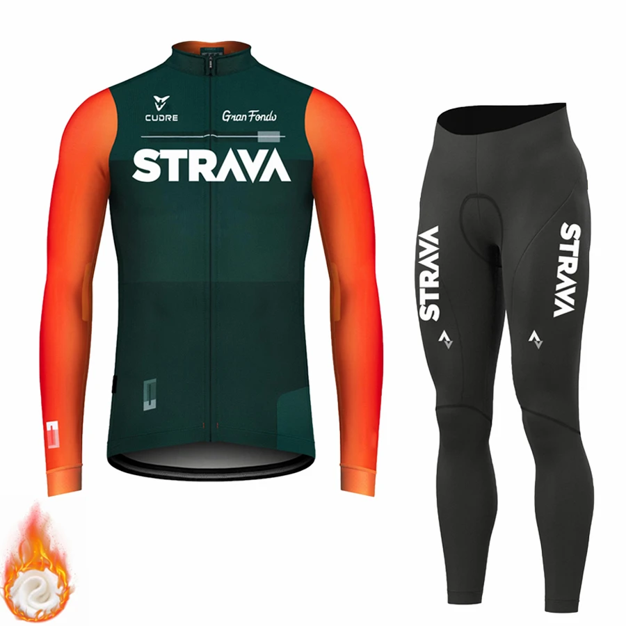 Winter Cycling Clothing STRAVA 2024 New Men's Long Sleeves Cycling Jersey Set Winter Thermal Fleece Road Bike Cycling Clothing 3