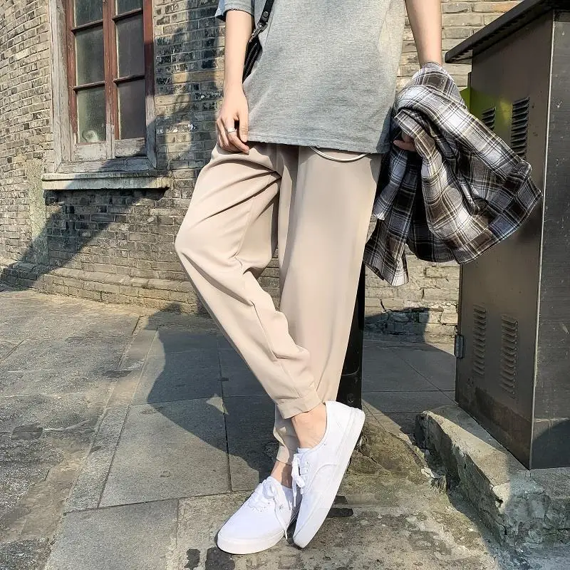 Spring Autumn Fashion Korean Style High Waist Pockets Men's Clothing Ice Shreds All Match Hemp Tie Feet Casual Loose Solid Pants