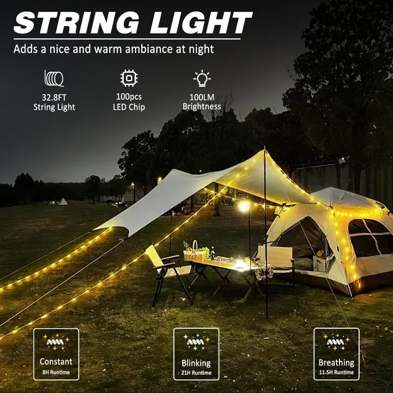 Camping String Light 32.8FT Warm Light Rechargeable Waterproof LED Hanging Light for Camping Tent Garden Party Festival Decor