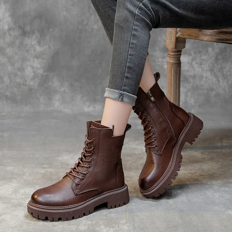 

Women's Boots High Quality Retro British Style Leather Shoes For Women 2023 New Short Boots Square Heel Platform Shoes