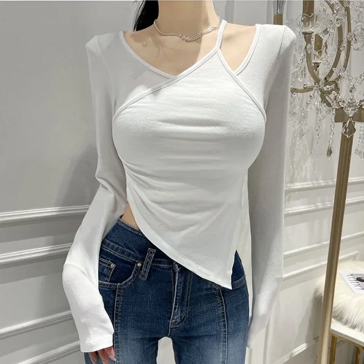 

South korea Dongdaemun New Hollow Design Sexy Fene Slim fit Long sleeves Shirt Women Hem Irregular Top