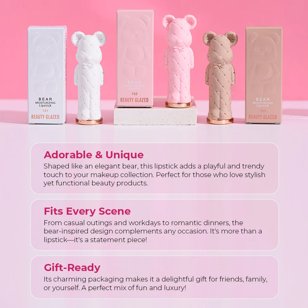 BEAUTY GLAZED Pink Bear Long Lasting Moisturizing Waterproof Natural Lip Balm Natural Formula Repairs Dry Lips Makeup 3
