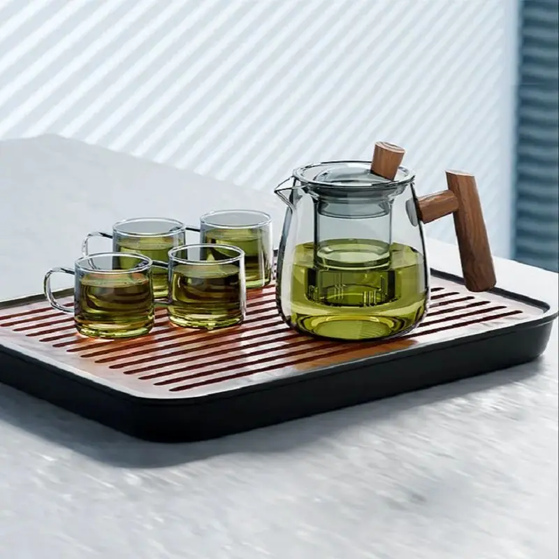 GIANXI Tea Pot Heat-Resistant Glass With Walnut Handle Chinese Drain/Storage Tea Tray Home Hospitality Kung Fu Teapot Set tea set