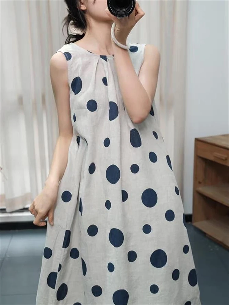 Summer Cotton Vintage Casual Loose Black Polka Dot Dresses For Women Sleeveless Dress Femme Robe Vestidos Elegant Long Clothing