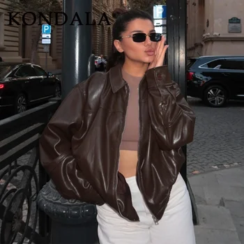 KONDALA 2025 Fall Winter Brown Business Casual Faux Leather Women Jackets Chic Vintage Spliced Zipper Christmas Ladies Jackets