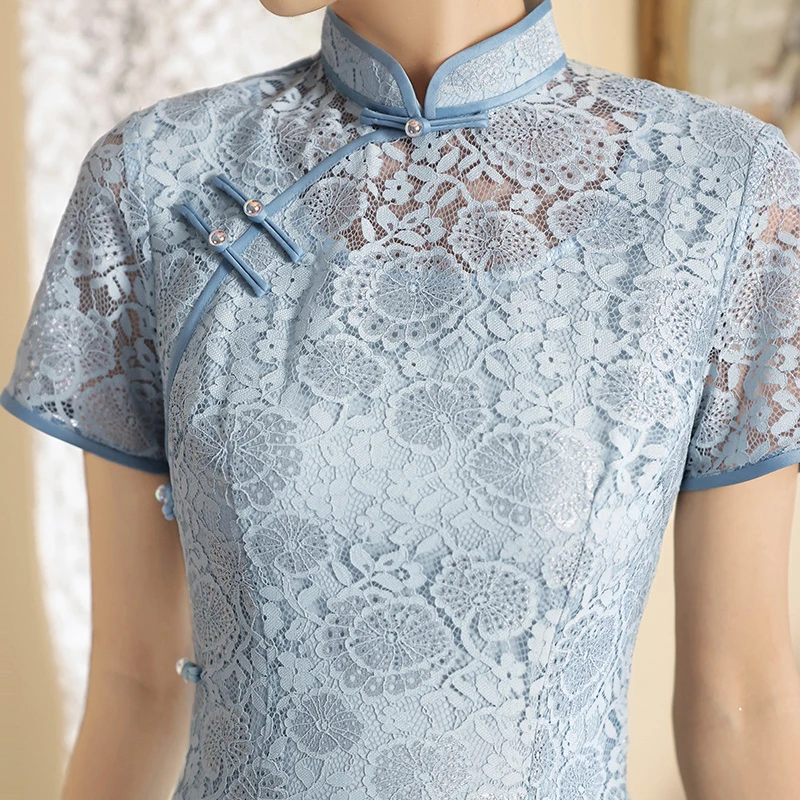Plus Size 3XL 4XL Chinese Women Lace Qipao Sexy Spilt Cheongsam Mandarin Collar Novelty Chinese Dress Elegant Lady Party Dress