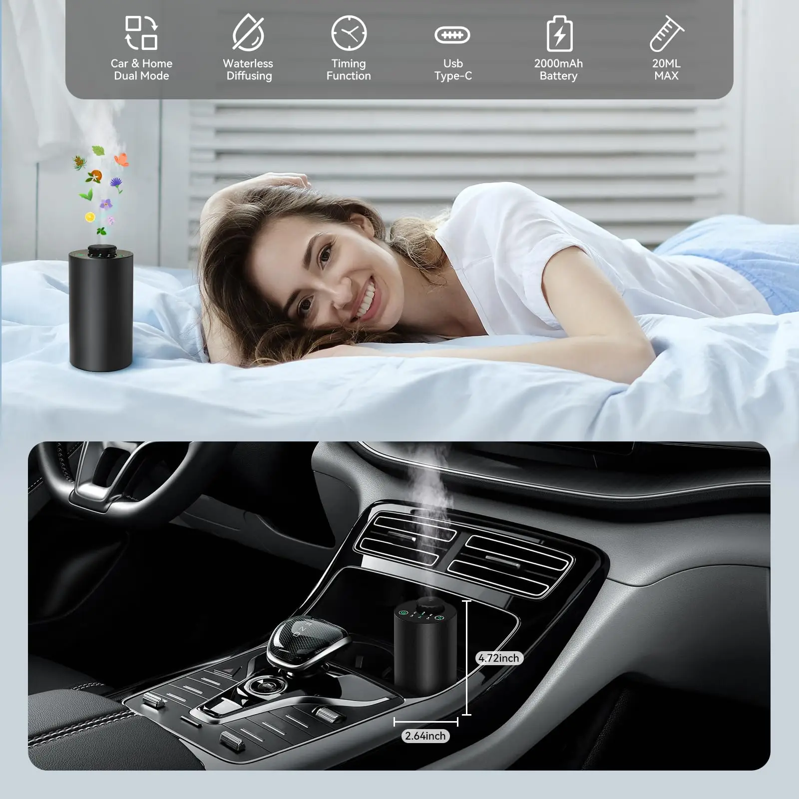 휴대용 무수 에센셜 오일 디퓨저, 배터리 작동식 아로마테라피 디퓨저, 타이밍 ..
