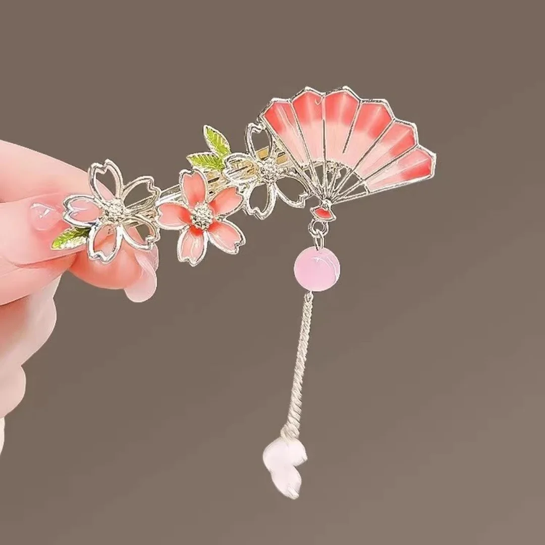 Ancient Style Floral Hair Accessories For Women, New Chinese Style Side Clips, Tassel Fan Duckbill Clips, New Bangs Clips For Hair_voghion.com